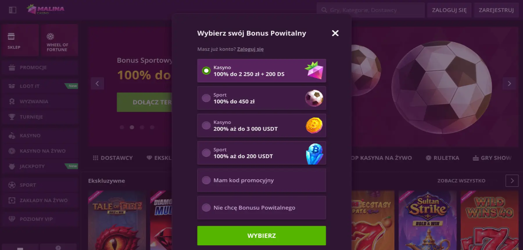 Formularz rejestracji w kasynie Malina